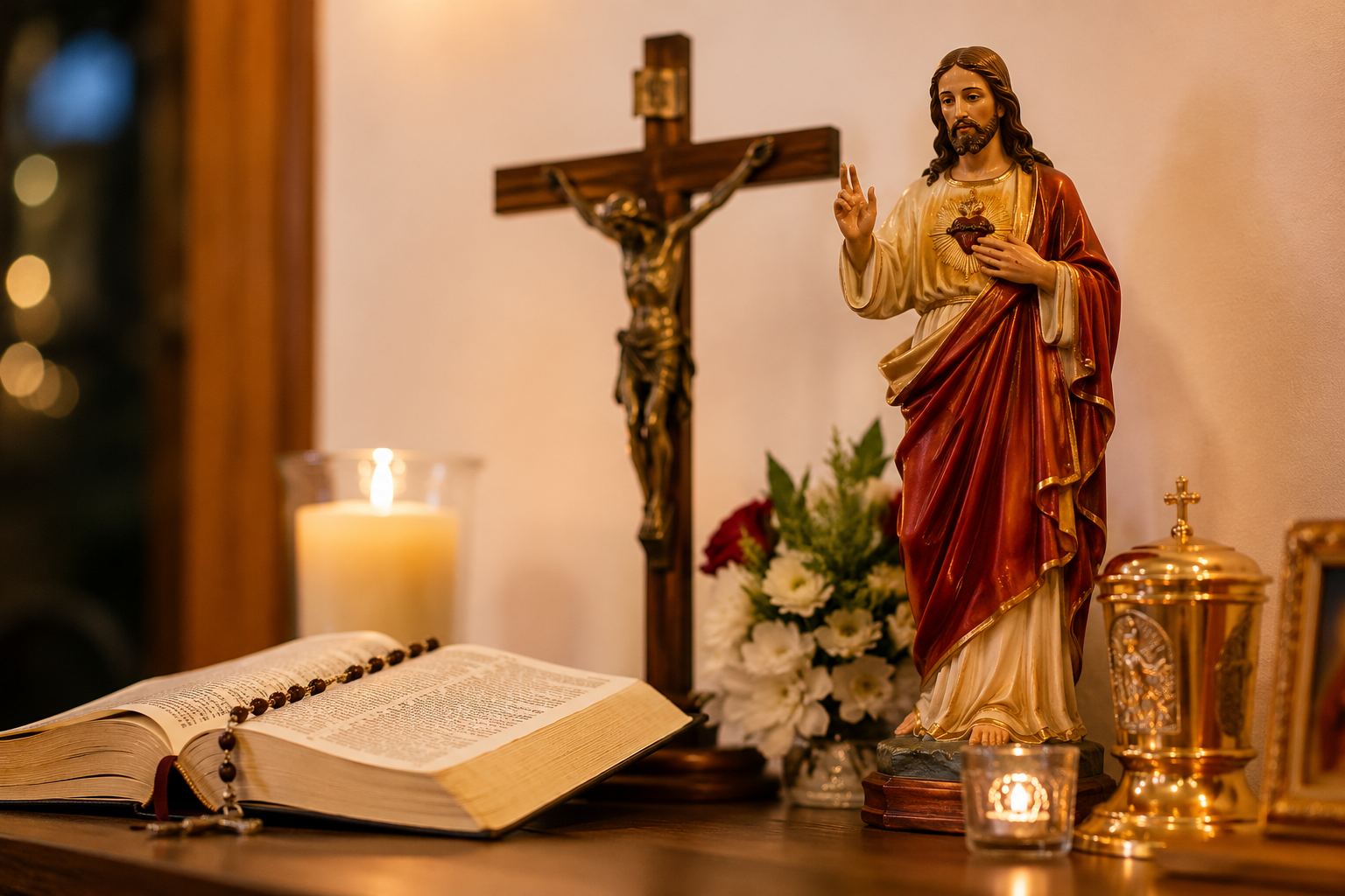 Imagen religiosa con Biblia, rosario y Sagrado Corazón de Jesús