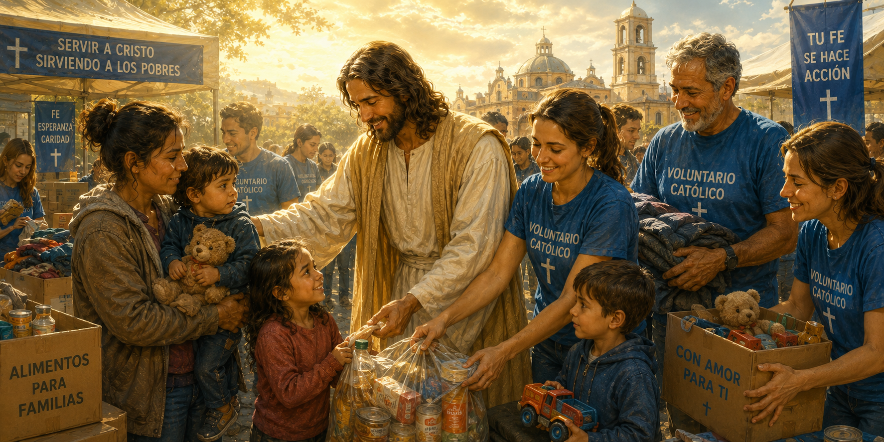 Jesús y voluntarios ayudando a familias necesitadas