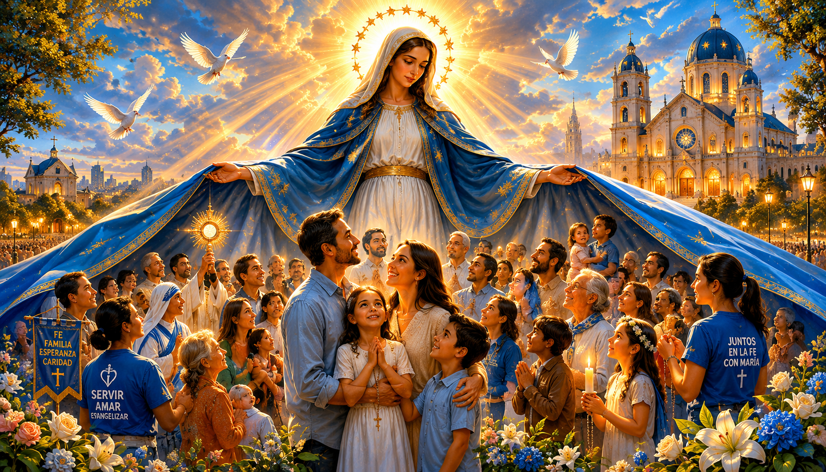 La Virgen María protegiendo a una comunidad católica